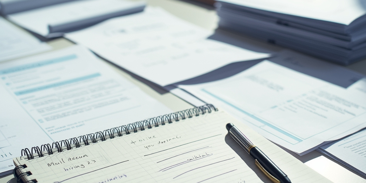 Työpöytä rekrytointipäätöksen äärellä, pöydällä hakemuspapereita ja muistiinpanoja, jotka kuvaavat rekrytoinnin harkintaa ja päätöksenteon kuormittavuutta.